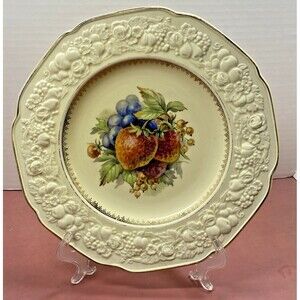 Crown Ducal Florentine Gold Trim Dinner Plate Embossed Rim Floral & Fruit Design